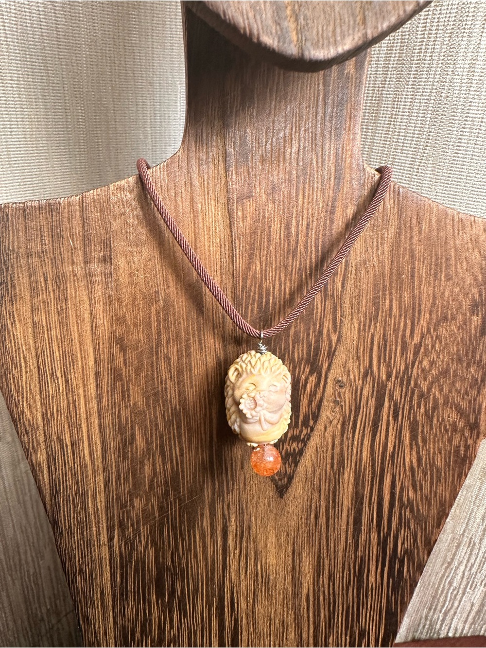 Alashan Agate Hedgehog Charm Pendant Necklace with Sunstone on Brown Rope - Picture 7 of 14